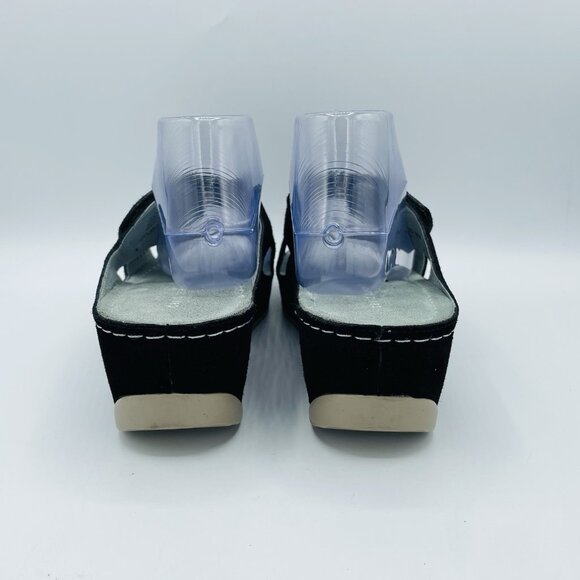 David Tate Shoes Womens 10 WW Wide Black Suede Leather Laser Cut Wedge Sandals - Picture 7 of 12